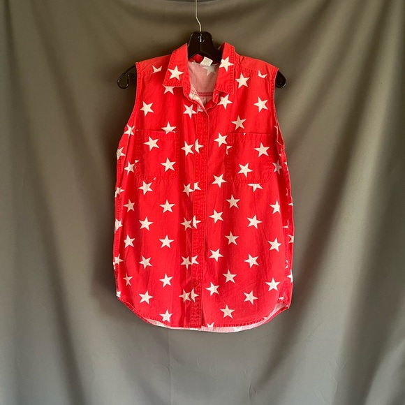 Vintage 90s Star Print Sleeveless Button Down Shirt - Picture 2 of 6